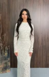 Astarlı Dantel İşlemeli Uzun Kollu Maxi Elbise – Ekru