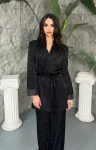 Siyah Jakar Desenli Kuşaklı Saten Ceket & Pantolon Takımı-1