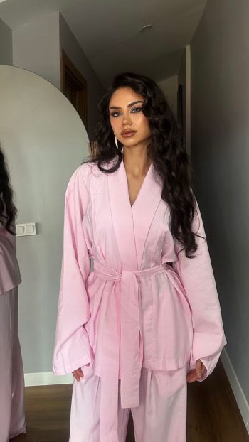 Luna Keten Dokulu Kimono Takım - Toz Pembe