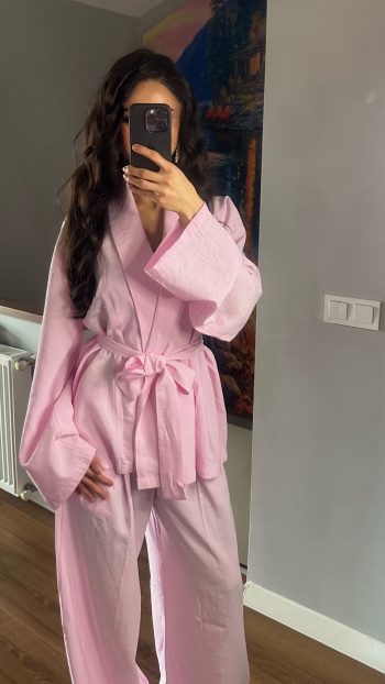 Luna Keten Dokulu Kimono Takım - Toz Pembe