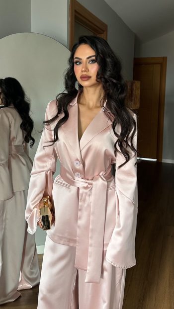 Özel Tasarım Saten Abiye Takım: İspanyol Kol Blazer & Palazzo Pantolon - Rose Pearl