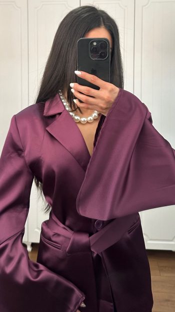 Özel Tasarım Saten Abiye Takım: İspanyol Kol Blazer & Palazzo Pantolon – MÜRDÜM