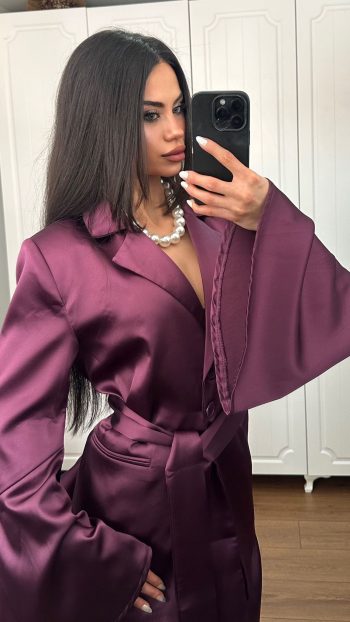 Özel Tasarım Saten Abiye Takım: İspanyol Kol Blazer & Palazzo Pantolon – MÜRDÜM